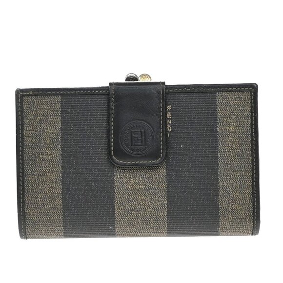 FENDI Logo Pequin Pattern Bifold Comapct Wallet PVC Leather Brown Italy - Picture 1 of 14